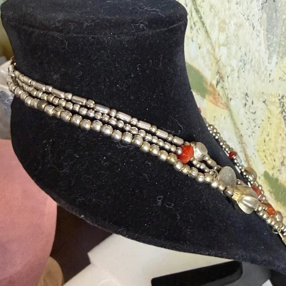 Vintage Multi-Strand Beaded Necklace Red Stone Charms Antique Gold SilverTone - Picture 5 of 6